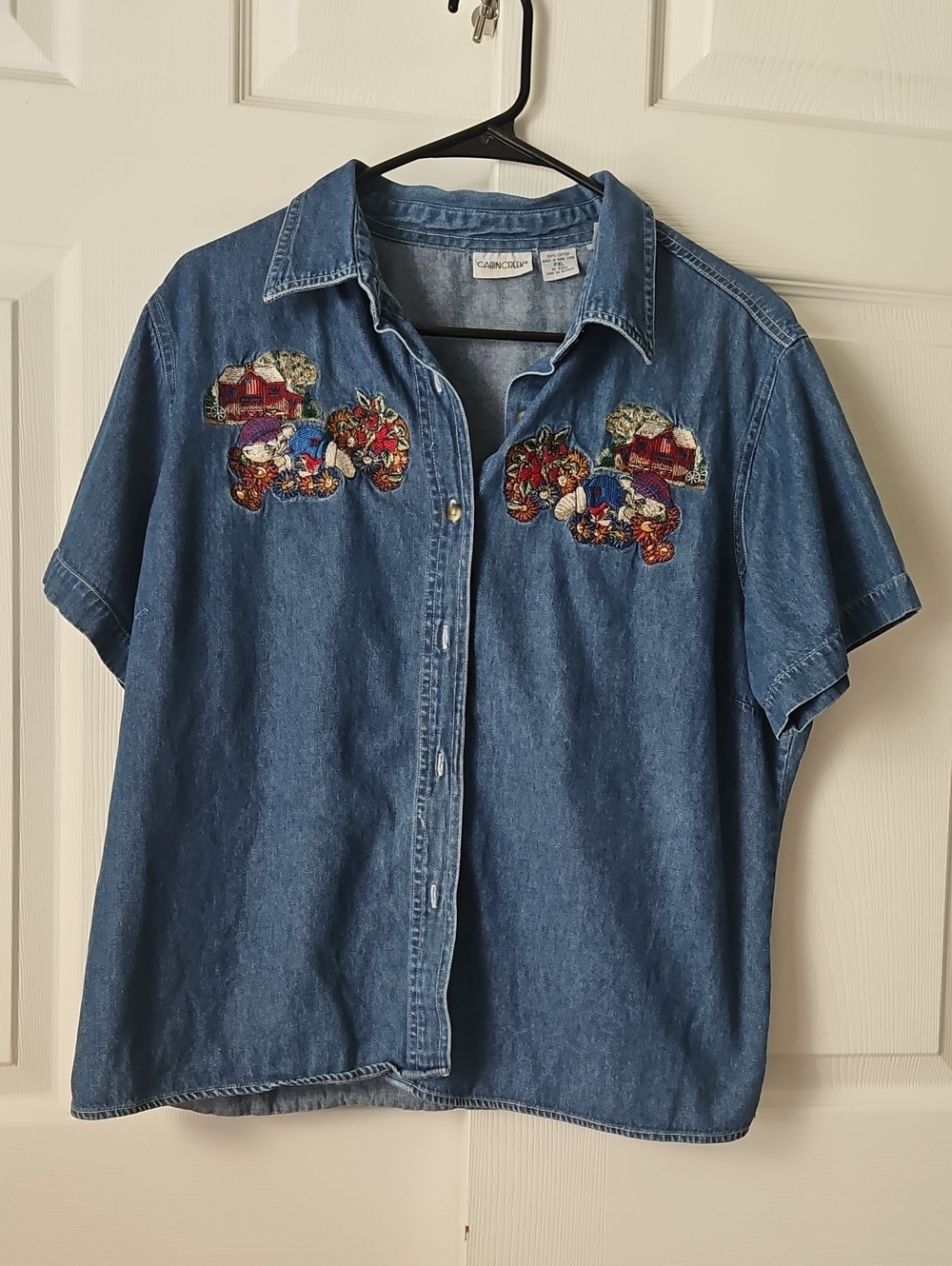 Vintage Cabin Creek Blue Denim Short-Sleeve Button-Down with Embroidered Patches